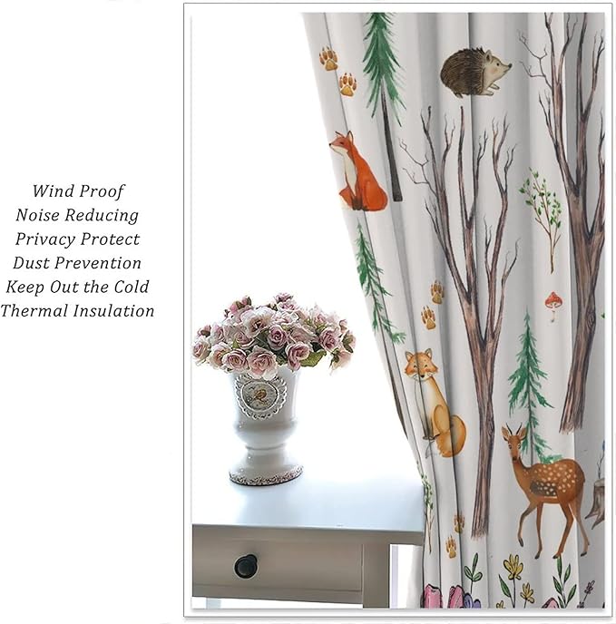 Forest Animal Kids Curtains, Watercolor Cartoon Window Treatments, Cute Animal Floral Girl Toddler Home Bedroom Living Room Drapes 42x63in