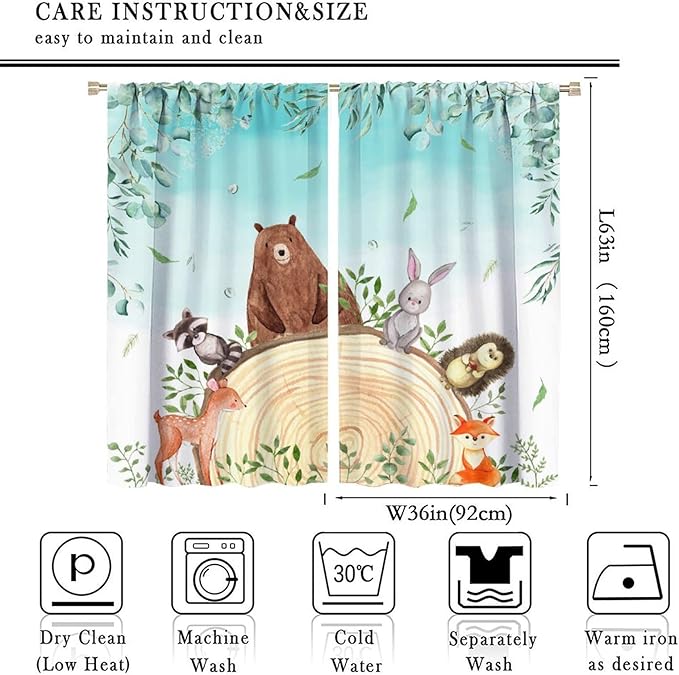 Kids Forest Animal Curtains, Woodland Animal Window Treatments Fox Deer Bunny Wildlife Safari Jungle Bear Farmhouse Window Drapes for Girls Boys Nursery Bedroom 72x63in