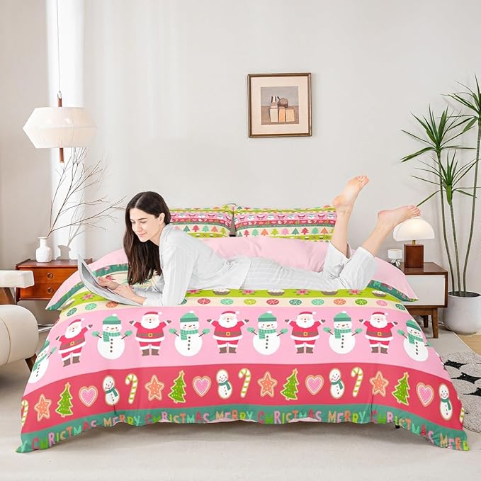 Cartoon Christmas Bedding Set for Kids Boys Girls Santa Claus Snowman Comforter Cover Set Pink Xmas Theme Duvet Cover Bedroom Decor Christmas Tree Bedspread Cover Toddler Size Bedding Collection 2Pcs