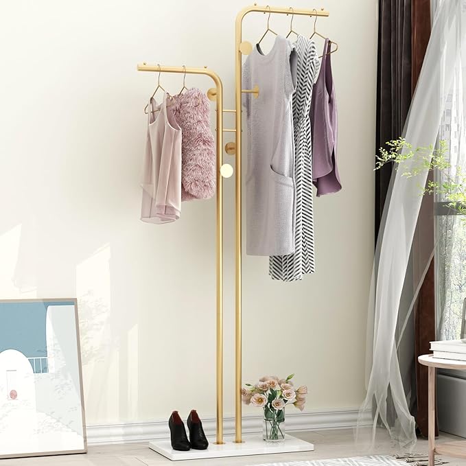 DR.IRON Double-pole Coat Racks Freestanding, Metal Gold Clothing Rack with 5 Hooks and Marble Base, Modern Coat Hanger Stand for Entryway, Living Room, Bedroom Gold