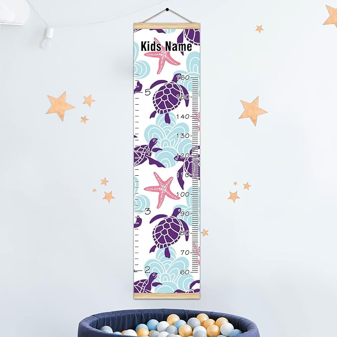Personalized Kids Name Growth Chart Ruler for Wall Wood Frame Height Measure Chart 13.4x56 in Linen Hanging Height Growth Chart Sea Turtle Starfish Coral Kids Room Decor