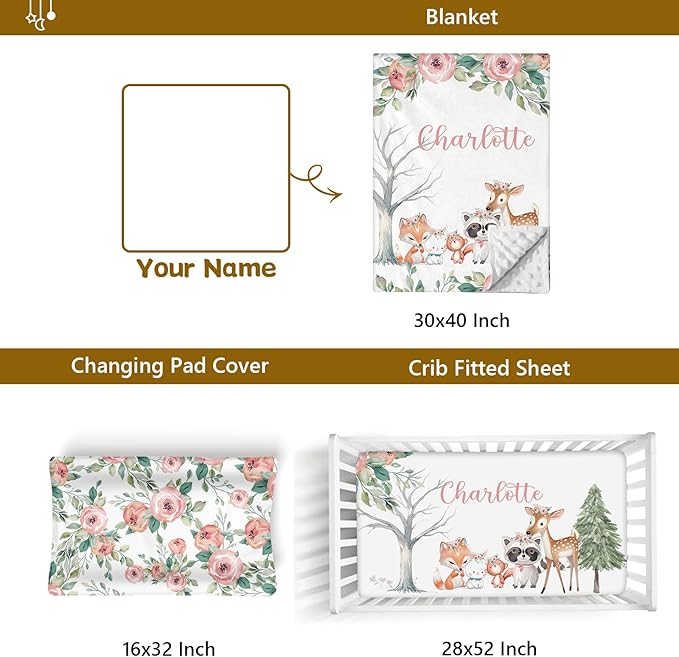 Custom Name Crib Bedding Set, 3 Pcs Personalized Baby Crib Bedding Set, Soft Pink Forest Animals Nursery Crib Sets for Boys Girls, Double Layer Toddler Bedding Set Customized Gifts for Newborn