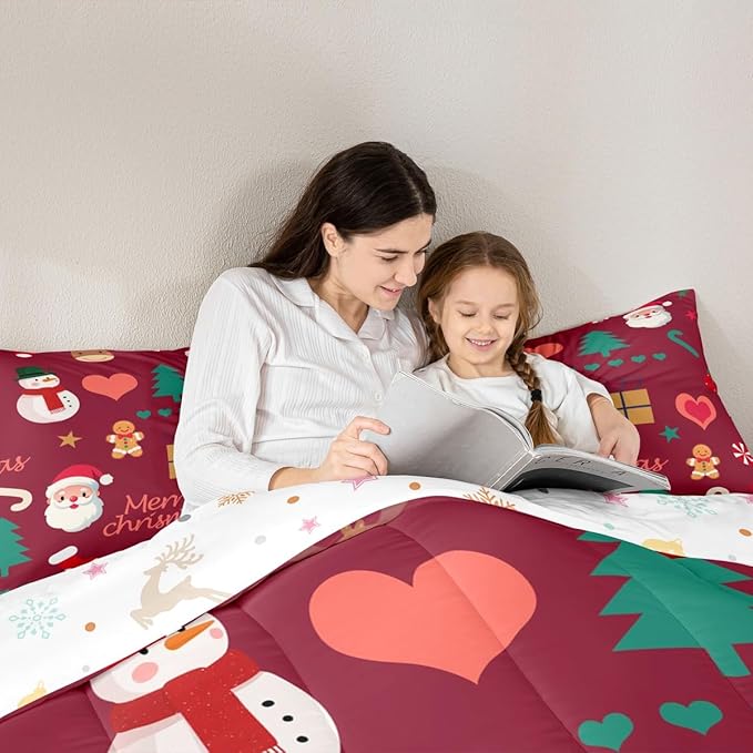 Feelyou Merry Christmas Comforter Set All Season Santa Claus Snowman Bedding Set with 1 Pillow Cases Gingerbread Man Microfiber Kids Toddler Bedclothes Xmas Tree Deer Bedroom Decor Duvet Quilt Soft
