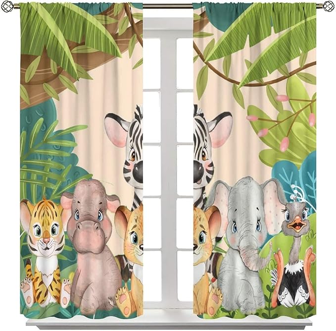 Animals Curtains Colorful Forest Cartoon Cute Zebra Tiger Elephant for Kids Boys Girls Nursery Bedroom Living Room Blackout Rod Pocket Decoration Window Drapes 2 Panels W31.5xL63in
