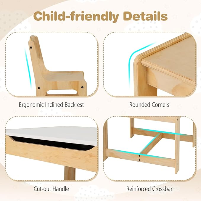 Costzon Kids Table and Chairs, 3 in 1 Wooden Activity Desk Set w/Double-Sided Tabletop, Storage Drawers and Reinforced Design for Drawing, Reading & Playing, Toddler Table and Chair Set (Beige)