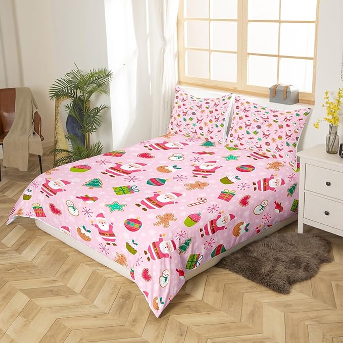 Manfei Christmas Duvet Cover Set King Size, Santa Claus Xmas Trees Snowflake Comforter Cover with 2 Pillowcases, New Year Pink Bedding Set 3pcs for Kids Girls Lightweight Bedspread Cover,No Comforter
