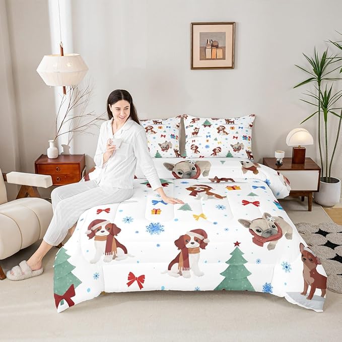 Feelyou Christmas Puppy Comforter Set All Season Festive Pet Bedding Set with 2 Pillow Cases Cute Dog Kids King Bedclothes Xmas Tree Snowflake Bedroom Decor Duvet Quilt Breathable Soft Lightweight