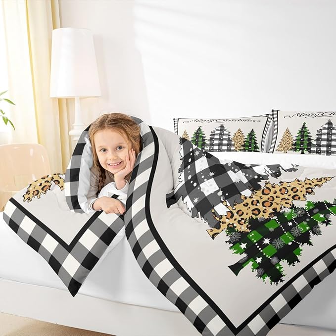 Merry Christmas Kids Comforter Set King Size,Leopard Plaids Pines Trees Bedding,Girls Boys Adults Bedroom/Xmas Cabin Decor,Geometric Grids Retro Down Comforter,Rustic Duvet Insert,2 Pillowcases