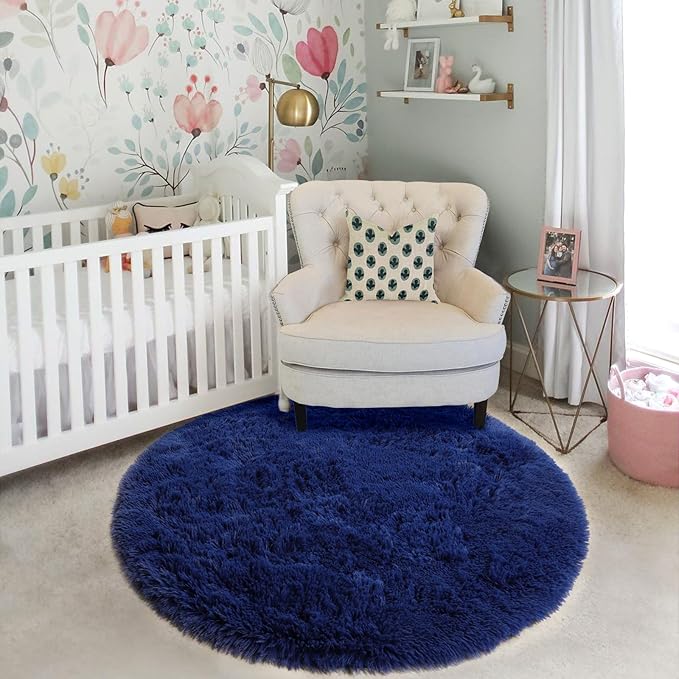 Navy Blue Round Rug 4Ft for Boys Room Bedroom, Washable Circle Area Rugs for Kids Room, Living Room Decor Aesthetic, Fluffy Shag Fur Throw Royal Dark Blue Carpet for Preppy Dorm Playroom Baby Nursery
