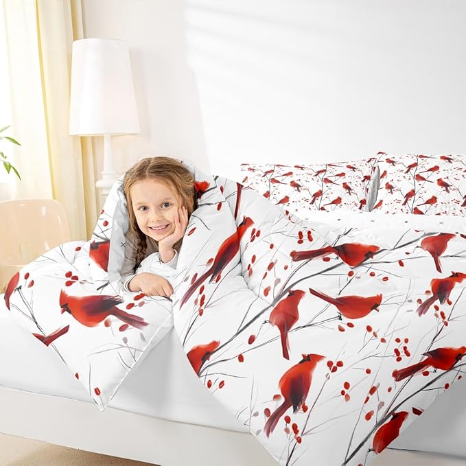 Feelyou Berries and Cardinals Pattern Comforter Set All Season Red Cardinal Bedding Set with 2 Pillow Cases Christmas Kids Queen Bedclothes Bird Print Decor Animal Decor Duvet Quilt Soft Lightweight