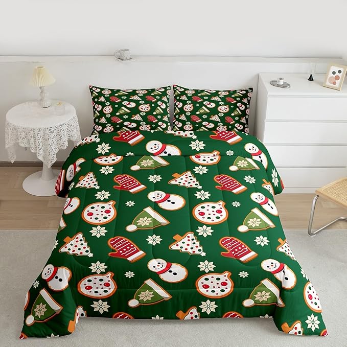Feelyou Merry Christmas Comforter Set Twin Size Snowman Bedding Set for Kids Boys Girls Gloves Cookies Duvet Quilt Snowflake Bedroom Decor Microfiber 2 Pcs with 1 Pillow Cases