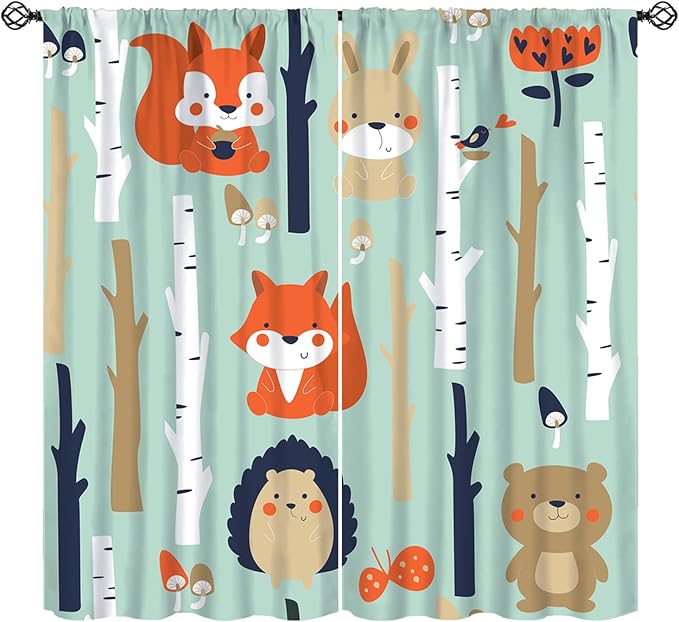 Cute Animals Curtains, Cartoon Fox Hedgehog Hare Forest Trees Blackout Window Treatments, Rod Pocket Thermal Insulated Drapes 2 Panel Sets for Kids Bedroom Nursery Classroom, 42" W X 63" L
