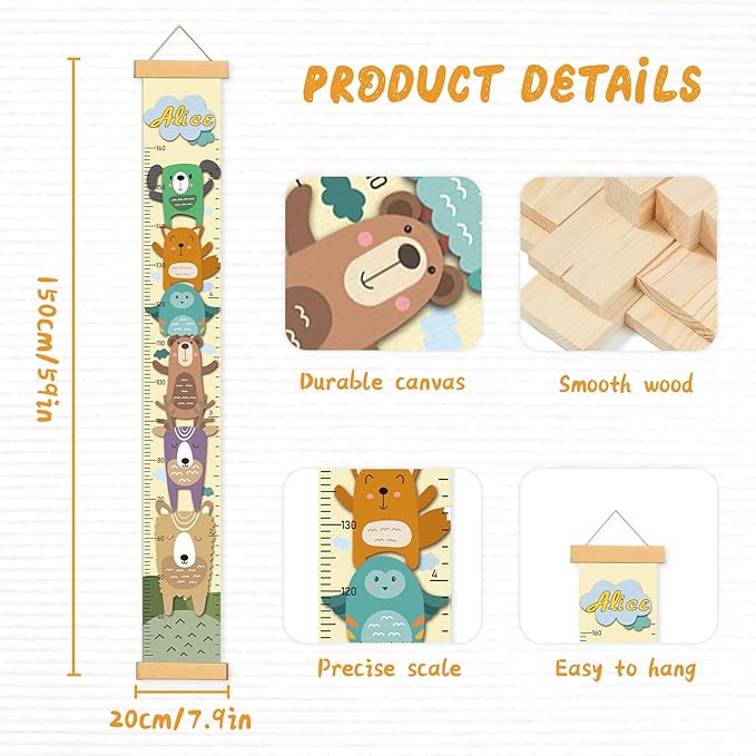 Personalized Name Growth Chart Wall Decor for Kids – Canvas Removable Height Chart Measuring Ruler 59" x 7.9" (Painted Animals)
