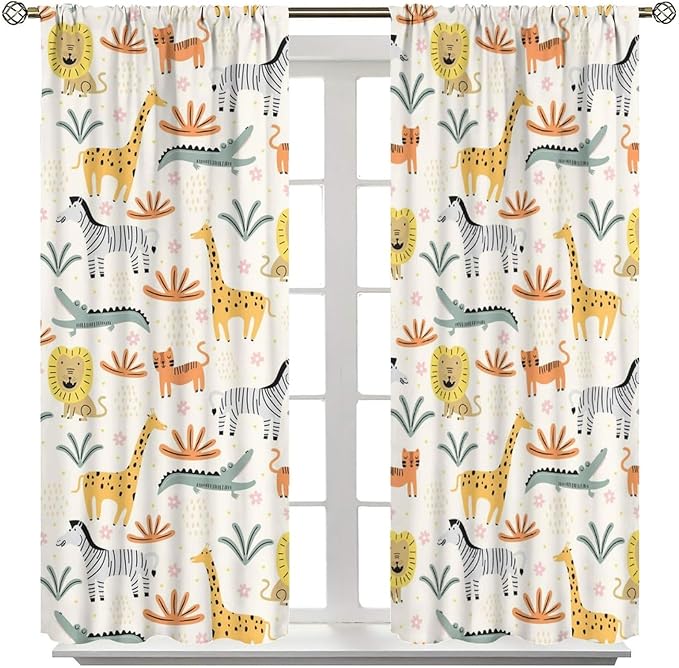 Wild Animals Curtains, Cute Cartoon Animals Zoo with Lion Zebra Crocodile Cat and Giraffe Tropical Jungle Plant Print Window Treatments for Kids Boys Girls Bedroom Living Room 42x54 Inch