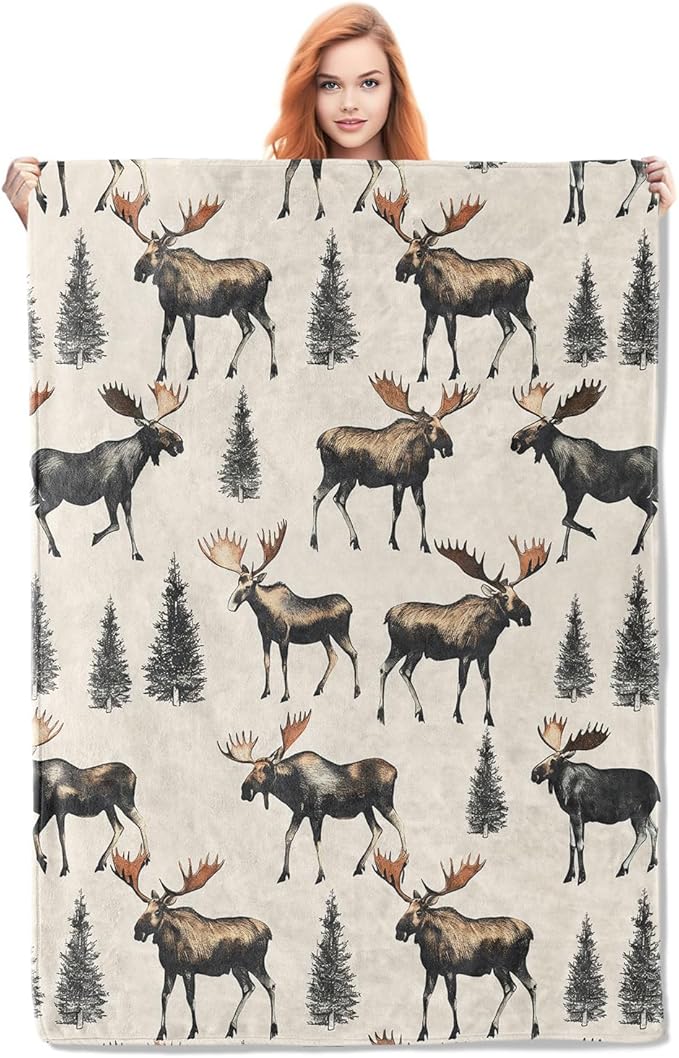 Moose Blanket Gifts for Women Girls Soft Warm Lightweight Cozy Vintage Animal Forest Mooses Throw Blankets for Bed Sofa Couch Living Room Decor 50x40in
