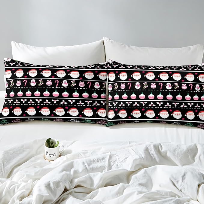 Feelyou Merry Christmas Decorative Comforter Cover King Size Xmas Cartoon Santa Claus Snowmen Duvet Cover Winter New Year Bedding Set Gifts for Kids Boys Girls 2 Pillow Cases