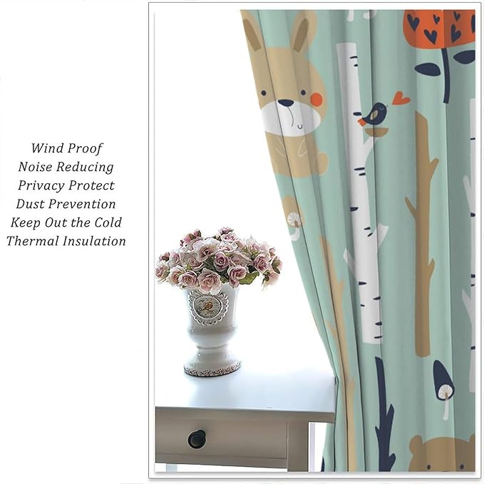 Cute Animals Curtains, Cartoon Fox Hedgehog Hare Forest Trees Blackout Window Treatments, Rod Pocket Thermal Insulated Drapes 2 Panel Sets for Kids Bedroom Nursery Classroom, 55" W X 63" L