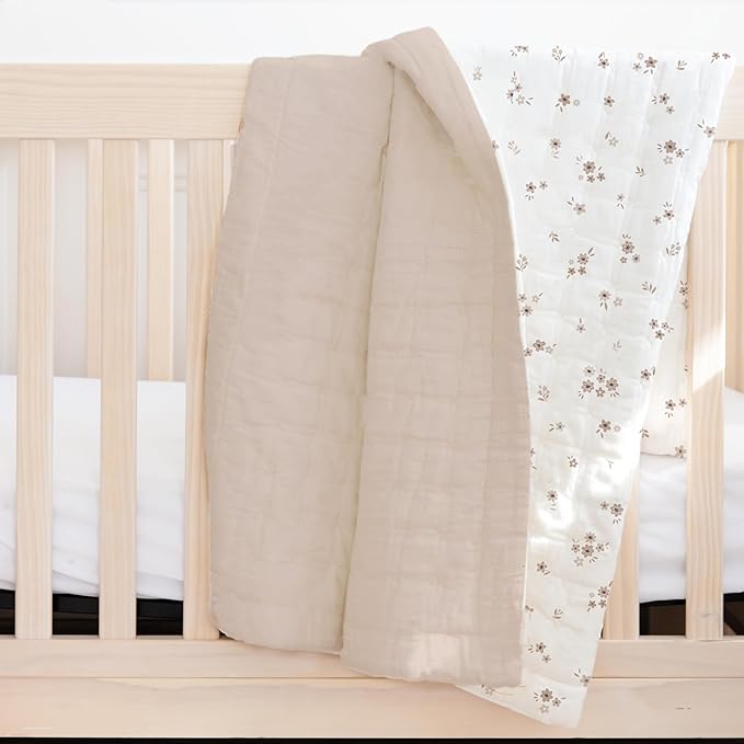 MakeMake Organics Organic Twin Comforter GOTS Certified Organic Kids Blanket Cotton Infill Tufted - Reversible Ultra Soft Breathable Boys Girls (68"x88", Bloom + Solid Pecan)