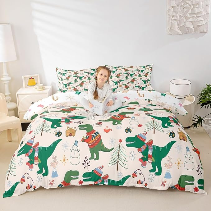 Christmas Bedding Set for Kids Boys Girls Cartoon Dinosaur Christmas Tree Comforter Cover Set Snowman New Year Duvet Cover Bedroom Decor Xmas Theme Bedspread Cover Queen Size Bedding Collection 3Pcs