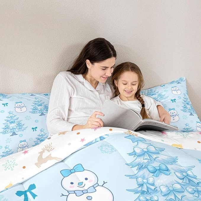 Feelyou Merry Christmas Comforter Set King Size Cute Snowman Bedding Set for Kids Boys Girls Cartoon Bowknot Duvet Quilt Christmas Tree Microfiber 3 Pcs with 2 Pillow Cases