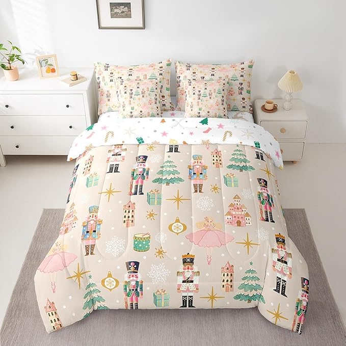 Erosebridal 7Pcs Beige Christmas Comforter Set Full Size,Princess Nutcracker Bedding Set,Xmas Tree Snow Bed in A Bag for Kids Boys Girls,Starry Sky Christmas Decoration Quilt with Flat Fitted Sheet