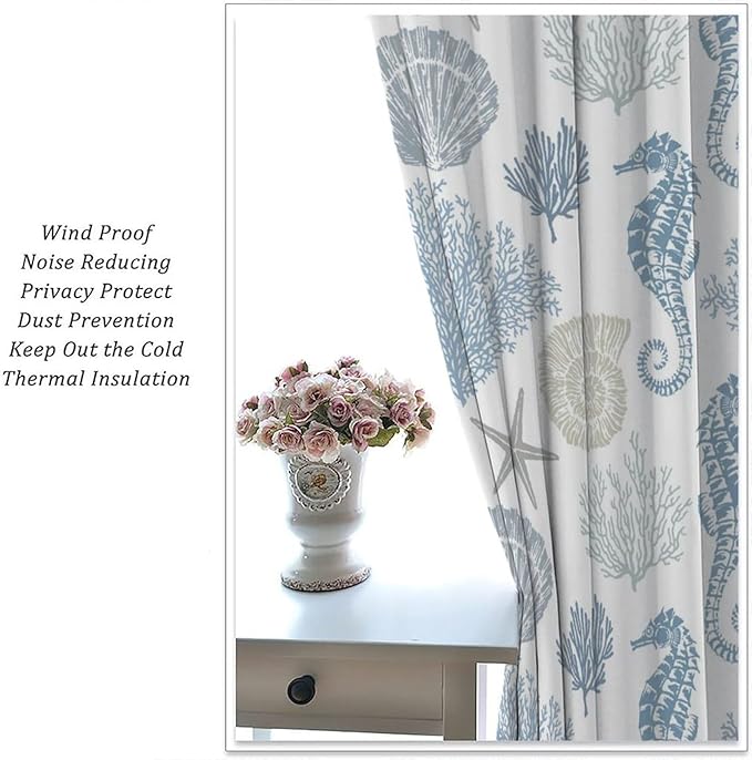 Seahorse Coral Curtains,Starfish Seashell Beach Sea Starfish Seashell Theme Pattern Blackout Print Home Bedroom Living Room Window Treatmen 2 Panel Set 42x54 Inch