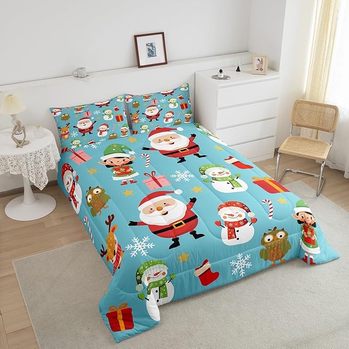 Erosebridal Merry Christmas Comforter Set Cartoon Santa Claus Quilts Twin Size Holiday Snowman Deer Elk Bedding Set Xmas Decor for Kids Boys Teens Cute Owl Animal Down Comforter,Blue