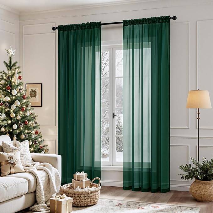 MIULEE 2 Panels Christmas Solid Color Sheer Window Curtains Elegant Window Voile Panels/Drapes/Treatment for Bedroom Living Room (54X72 Inches Hunter Green)