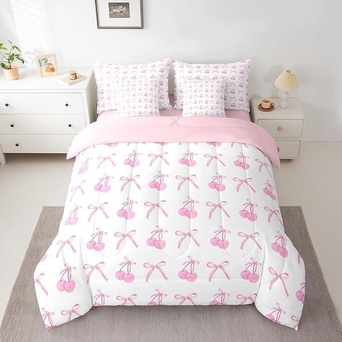 7 Pieces Cherry Bowknot Kid Comforter Set Full,Pink Bow Tie Butterfly Knot Princess Bedding Set,Cartoon Bow Patchwork Dreamy Sweet（Comforter+Fitted+Flat Sheet+2 Pillowcases+2 Throw Pillow Covers）