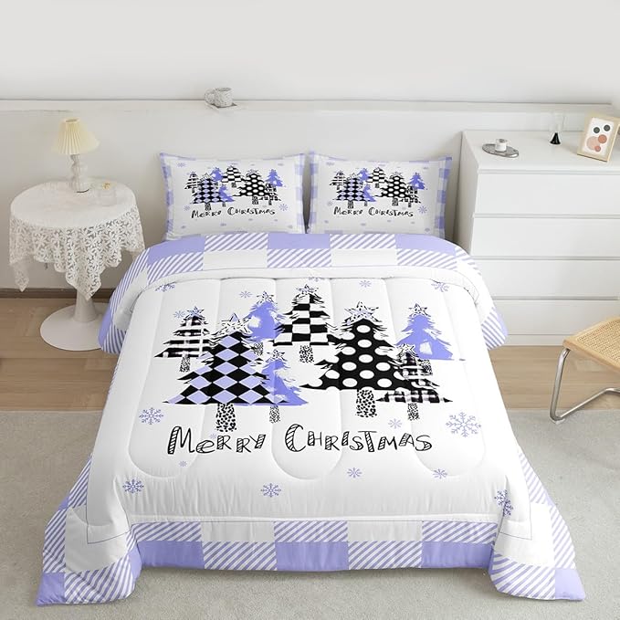 Manfei Xmas Trees Comforter Set King Size, Blue Plaid Grid Snowflake Bedding Set 3pcs for Kids Girls Boys Adults Room Decor, Christmas Theme Down Comforter New Year Quilt Set with 2 Pillowcases
