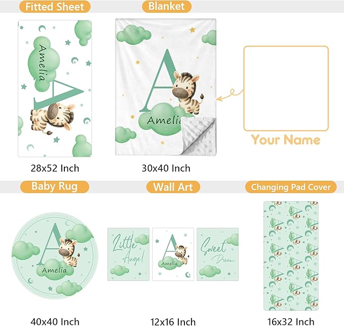 Custom Crib Bedding Set, 5 Pcs Personalized Name Baby Crib Sets for Newborns Infants Toddlers, Green Zebra Nursery Bedding Set for Boys Girls, Double Layer Baby Bedding Sets Customized Gifts