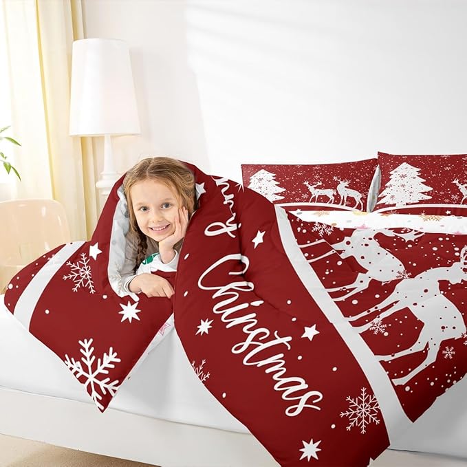 Merry Christmas Kids Comforter Set King Size,Deer Elk Pine Trees Bedding,Girls Boys Adults Bedroom/Xmas Cabin Decor,Snowflake Romantic Down Comforter,Rustic New Year Red Duvet Insert,2 Pillowcases