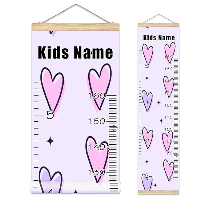 Personalized Kids Name Growth Chart Ruler for Wall Wood Frame Height Measure Chart 13.4x56 in Linen Hanging Height Growth Chart Pink Purple Kids Room Decor