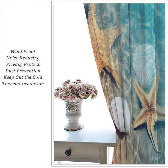 Beach Curtain for Bathroom Decor，Sea Turtle Starfish Seashell Nautical Ocean Coastal Scenery Art Printed Fabric Polyester Waterproof Set 2 Panels,63x72 Inches