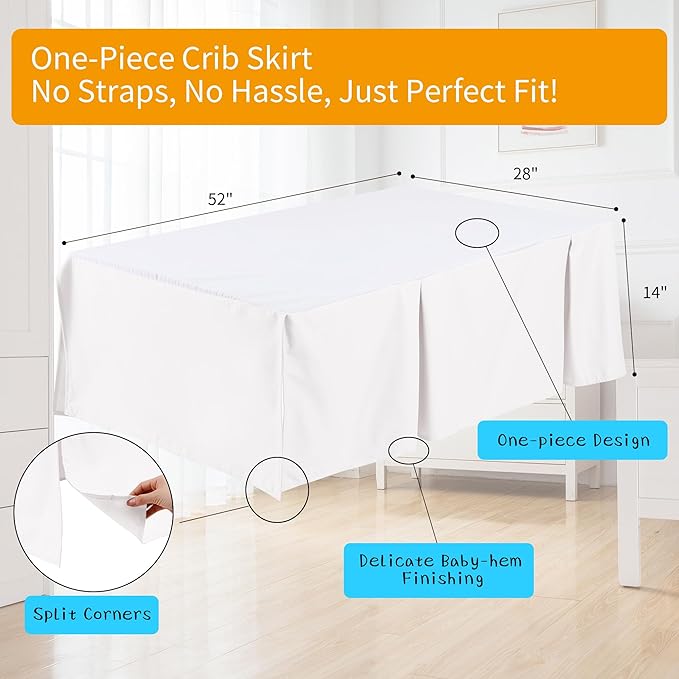 Crib Bed Skirt Dust Ruffle 100% Cotton - Natural, Soft, Breathable for Baby's Delicate Skin, Nursery Toddler Crib Bed Skirt for Baby Boys Girls, Fits Standard Cribs 28" x 52" with 14" Drop