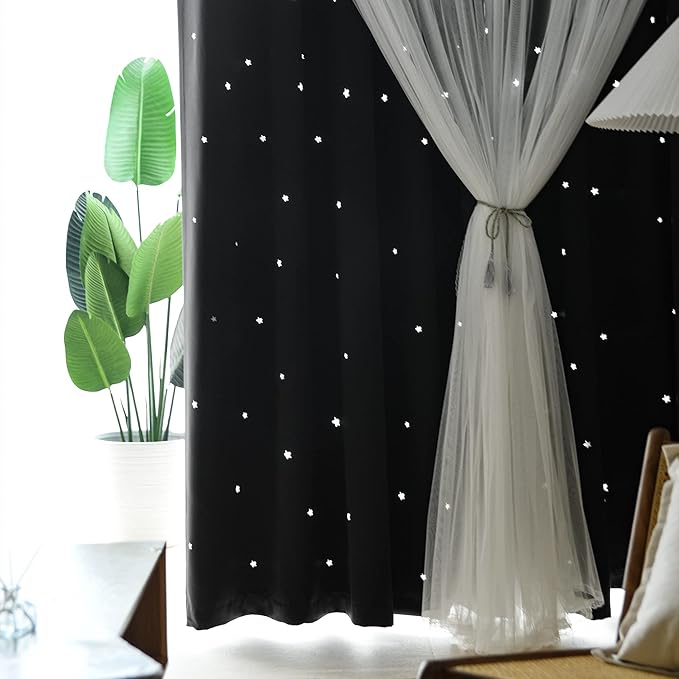 Kinryb Kids Blackout Curtains for Bedroom/Living Room/Classroom, Sheer Overlay 2 Free Tiebacks, Double Layer Curtains with Star Cutout for Kids Room(Each Piece W 70 x L 72 Inches 2 Pcs Black)