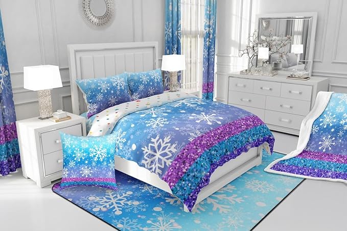 Feelyou Winter Snowflake Comforter Set All Season Glitter Print Bedding Set with 1 Pillow Cases Christmas Microfiber Kids Twin Bedclothes Holiday New Year Bedroom Decor Duvet Quilt Soft Lightweight