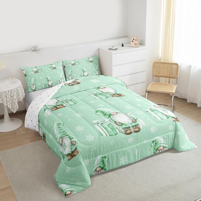 Feelyou Green Christmas Comforter Set All Season Scandinavian Christmas Santa Gnomes Bedding Set with 1 Pillow Cases Xmas Snowflake Kids Toddler Bedclothes Bedroom Decor Breathable Soft