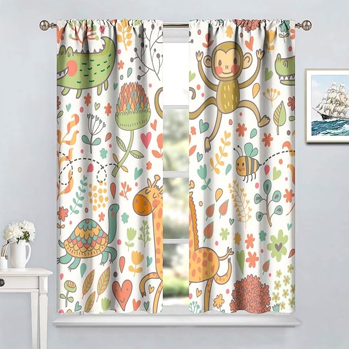 Cute Monkeys Curtains, Zoo Theme Cartoon Funny Animals Crocodile Giraffe Turtle with Flowers Print Thermal Insulation Window Drapes for Kids Boys Girls Baby Bedroom Living Room 63x63in