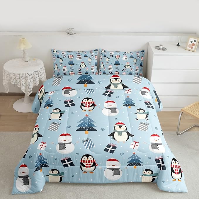 Feelyou Merry Christmas Bedding Set Soft for Boys Girls, Penguin Comforter Set King Size Xmas Tree Snowman Duvet Quilt Microfiber Gift Snowflake Bedroom Decor 3 Pcs with 2 Pillow Cases