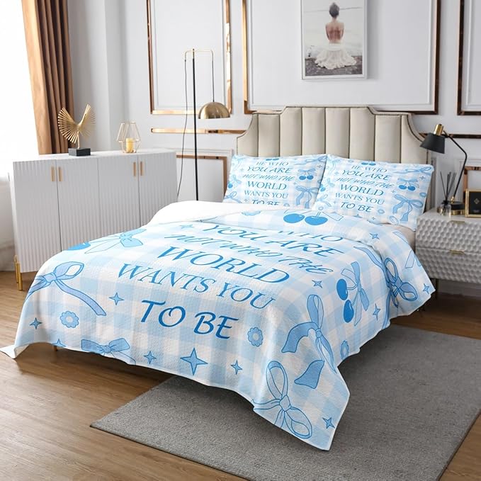 Blue Bowknot Bedspread Queen Size,Cartoon Cherry Stars Daisy Flowers Princess Coverlet Set,Girls Women Room Decor,Bow Geometric Plaids Patchwork Quilted Coverlet,Dreamy Bedding Quilt,2 Pillowcases