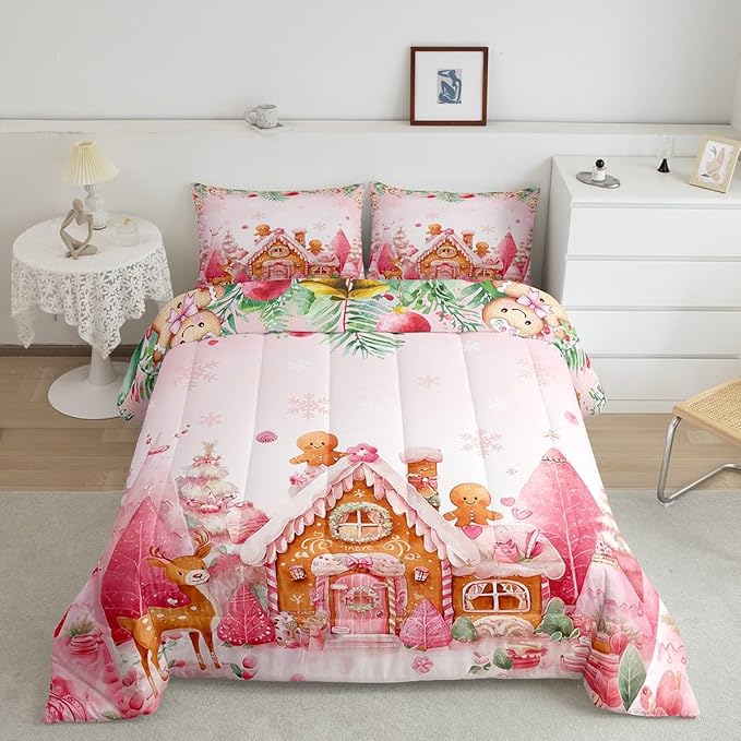 jejeloiu Kids Christmas Theme Comforter Set Twin Size Cute Deer Gingerbread Man Bedding Set for Boys Girls Teens Pink Xmas Tree Candy House Winter Snowflake Duvet Quilt Room Decor