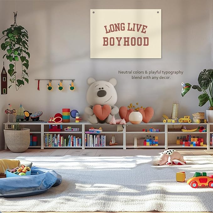 Long Live Boyhood Boys Room Decor - Linen Nursery Banner for Toddler Room Decoration, Farmhouse Kids Wall Hanging, Canvas Banner Flag for Baby Shower, Birthday Gift - A14