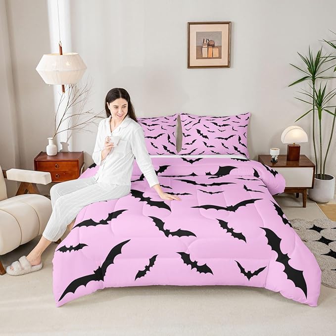 Erosebridal Gothic Bat Comforter Set Halloween Theme Bedding Set Toddler Size,Horror Spooky Animal Quilt for Kids Boys Girls Adults Black Bats Silhouette Down Comforter,Pink Goth Room Decor