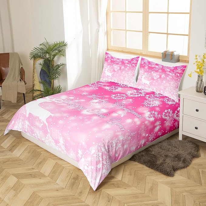 Manfei Christmas Pink Duvet Cover Set Twin Size, Xmas Trees Deer Snowflake Bedding Set 2pcs for Kids Girls, New Year Theme Comforter Cover Soft Polyester Quilt Cover with 1 Pillowcase,No Comforter