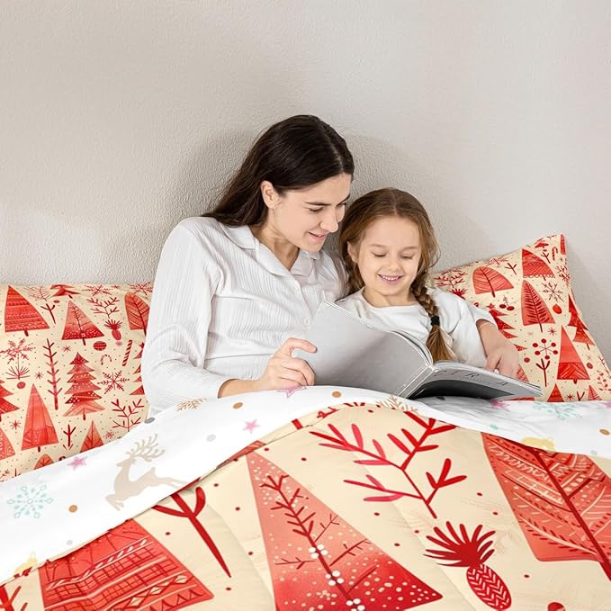 Feelyou Christmas Bedding Set Soft for Boys Girls, Xmas Tree Comforter Set Twin Size Snowflake Candy Duvet Quilt Microfiber Pine Tree Bedroom Decor 2 Pcs with 1 Pillow Cases