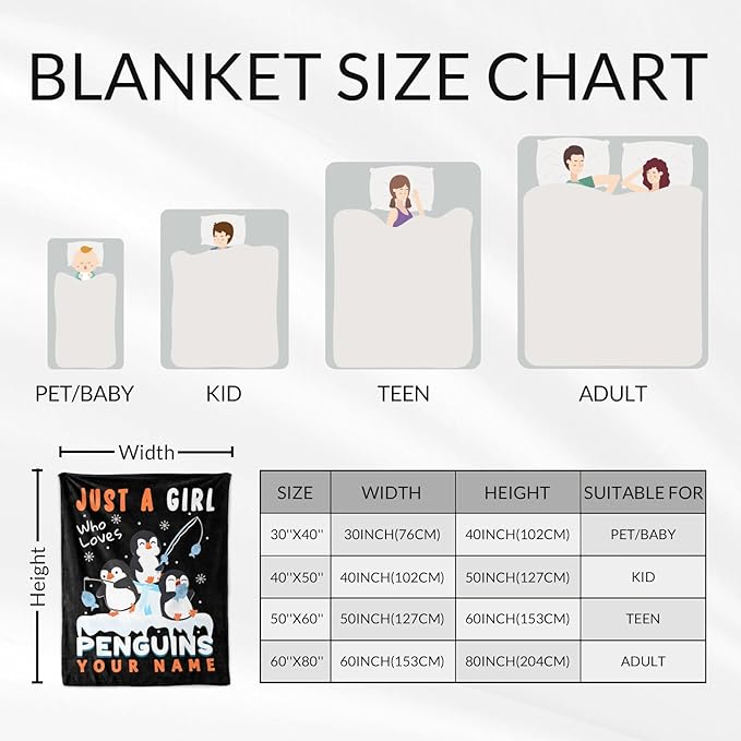 Custom Penguin Blanket for Teen Girls - 50" x 60" Inches Cute Penguin Throw Blanket Gift - Black Soft Warm Throws for Couch, Bed & Travel