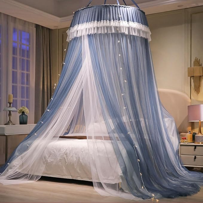 AIKASY Girls and Adults Canopy Bed, Elegant Double-Layer Bed Curtain, Children's Dream Round Lace Mosquito Net, Princess Canopy Net - Fits Twin, Full, Queen, and King Beds (White/Blue)