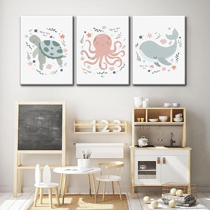 Wodkwq Ocean Nursery Decor, Set of 3 Boys Room Sea Animal Wall Art Picture Canvas Prints, 16x24in Framed