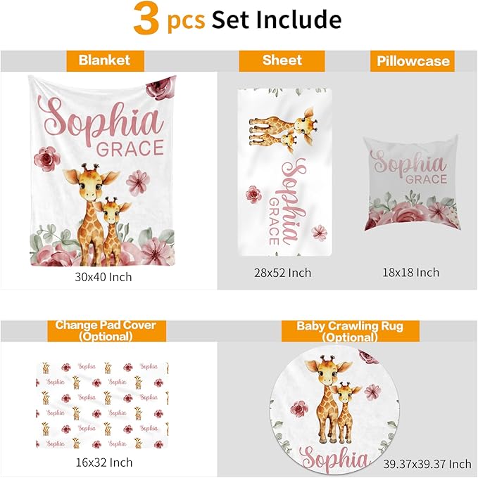 Custom Crib Bedding Set - Giraffe Design Personalized Name Baby Nursery Bedding 3 Pcs Set - Chic Soft Blanket, Sheet, Pillowcase for Newborns Boys Girls Gifts Color08